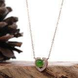 Sterling Silver Real Green Nephrite Jade Love Pendant Necklace With CZ