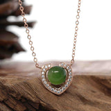 Sterling Silver Real Green Nephrite Jade Love Pendant Necklace With CZ