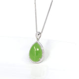 Sterling Silver Genuine Green Nephrite Apple Green Jade Tear Drop Pendant Necklace With Diamond