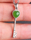 "The Key to My Heart" Sterling Silver Genuine Nephrite Green Jade Key Pendant Necklace