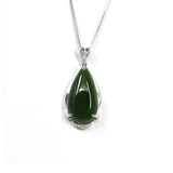 "Classic Tear-Drop" Sterling Silver Real Green Jade Classic Tear Drop Pendant Necklace